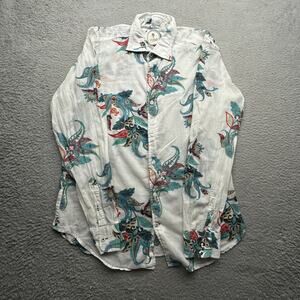 Ganesh Shirt Floral Art Print Long Sleeve Button Shirt Mens Large White Cotton